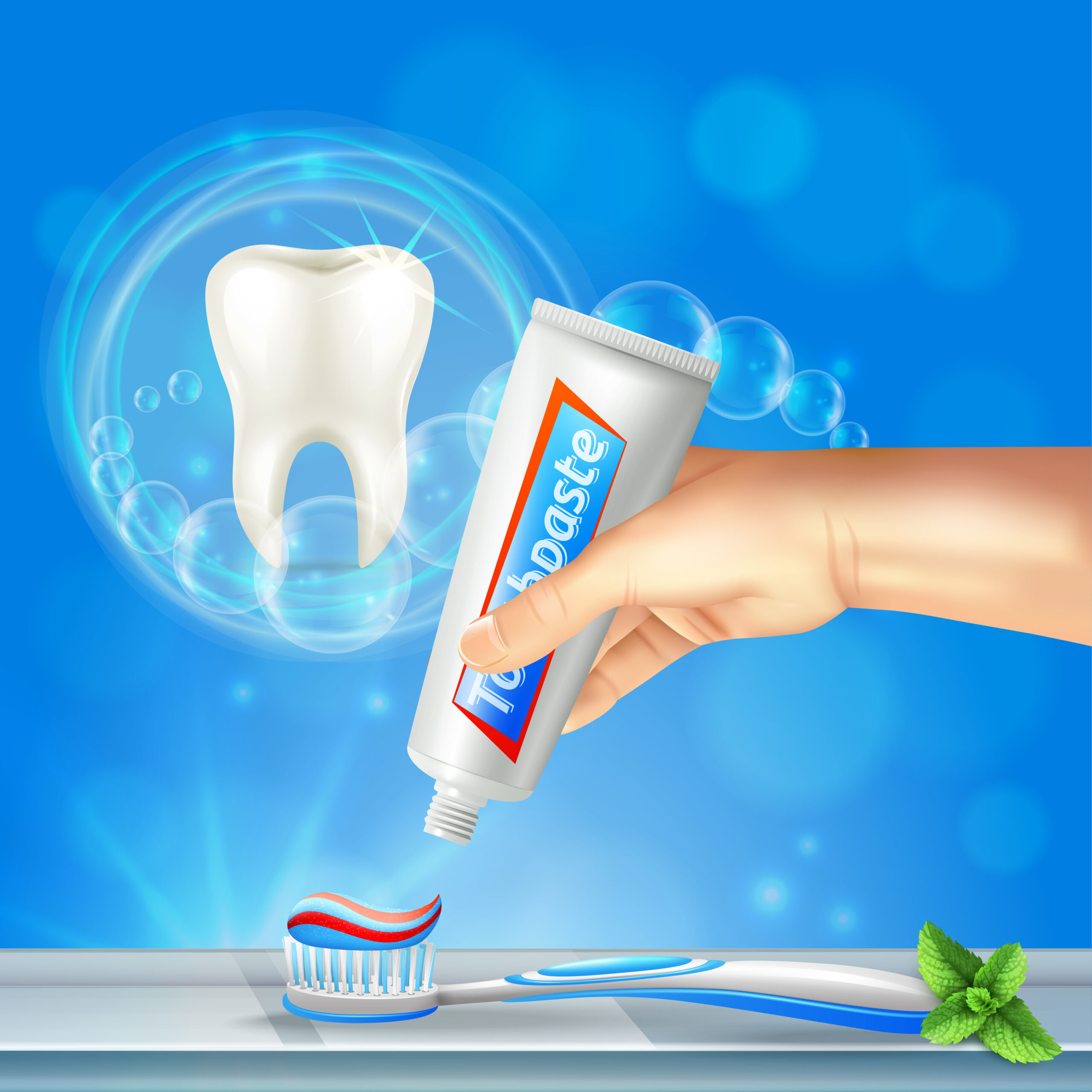 Preventive dentistry oral care realistic composition with shining tooth and hand squeezing toothpaste on toothbrush vector illustration