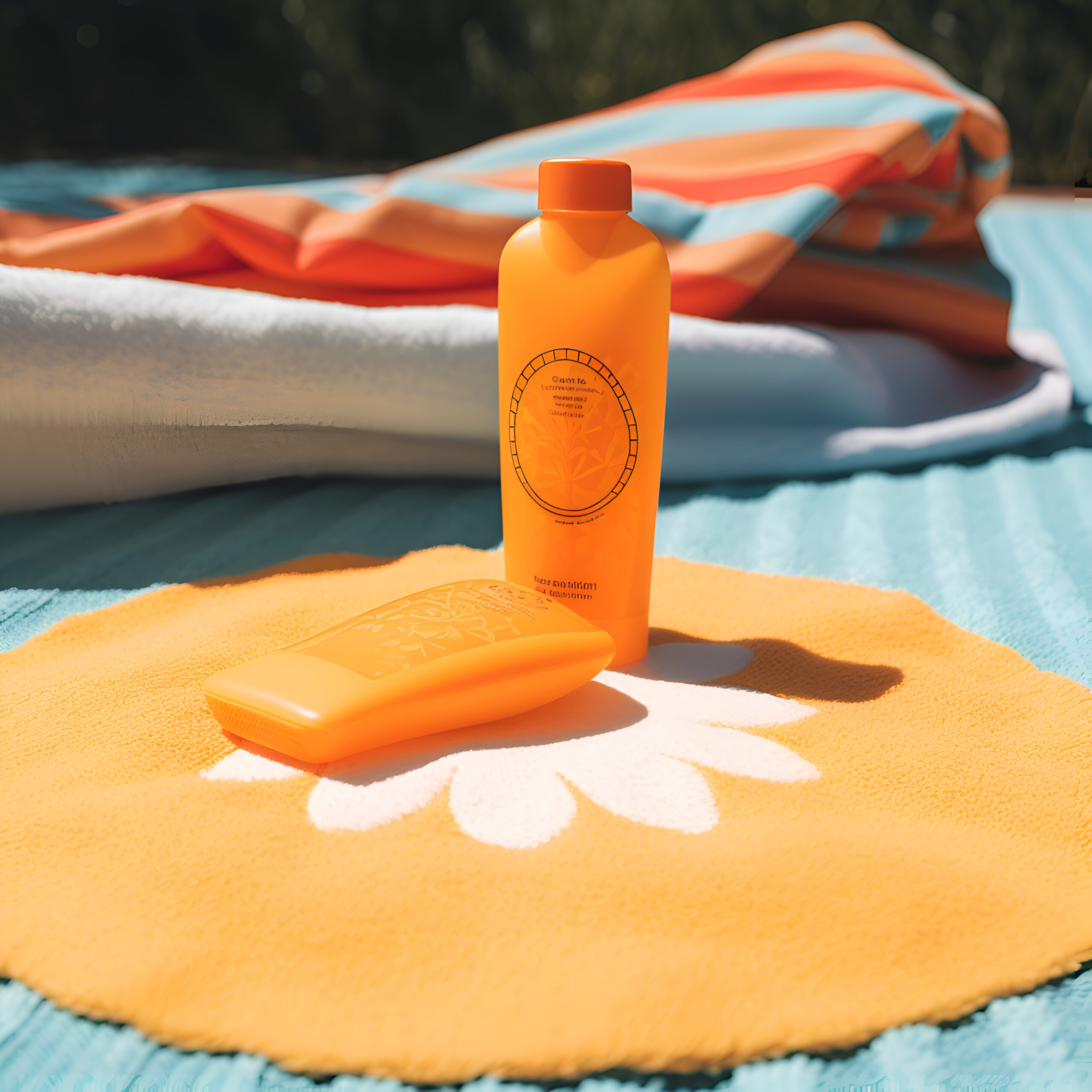 Sunscreen lotion bottle on a beach towel. Sun protection concept.